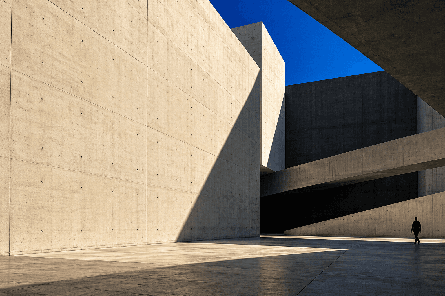 Sunlight cuts across a monumental concrete courtyard beneath a vivid blue sky.